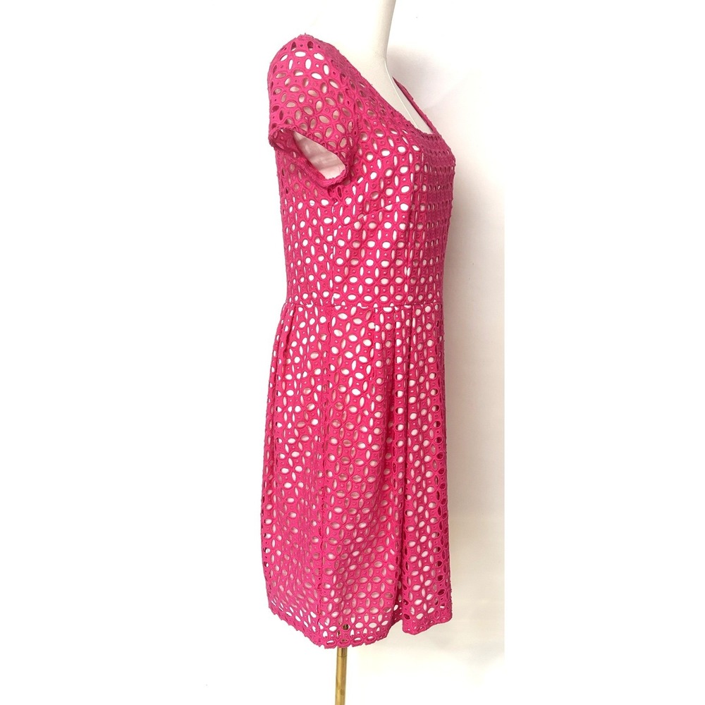 Betsey Johnson Hot Pink Eyelet Lace Fit Flare Dress Keyhole Back Size 10 - Picture 4 of 10